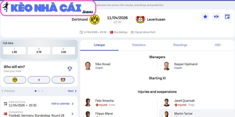 Kèo châu Á trận Borussia Dortmund vs Bayer Leverkusen (20:30 ngày 11/04, Bundesliga)