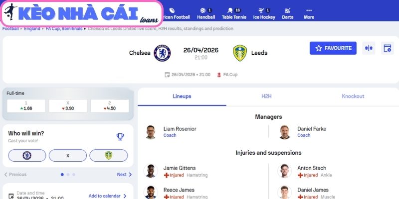 Kèo châu Á trận Chelsea vs Leeds United (21:00 ngày 26/04, FA Cup)