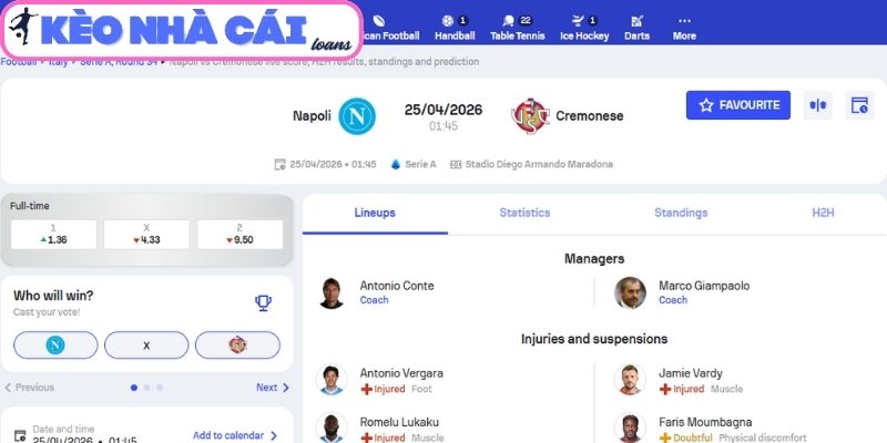 Kèo châu Á trận Napoli vs Cremonese (01:45 ngày 25/04, Serie A)